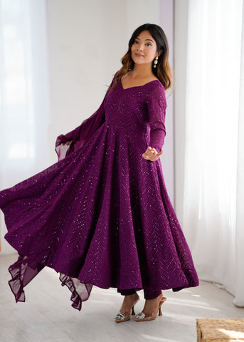 Lucknowi Elegance Wine Anarkali Suit