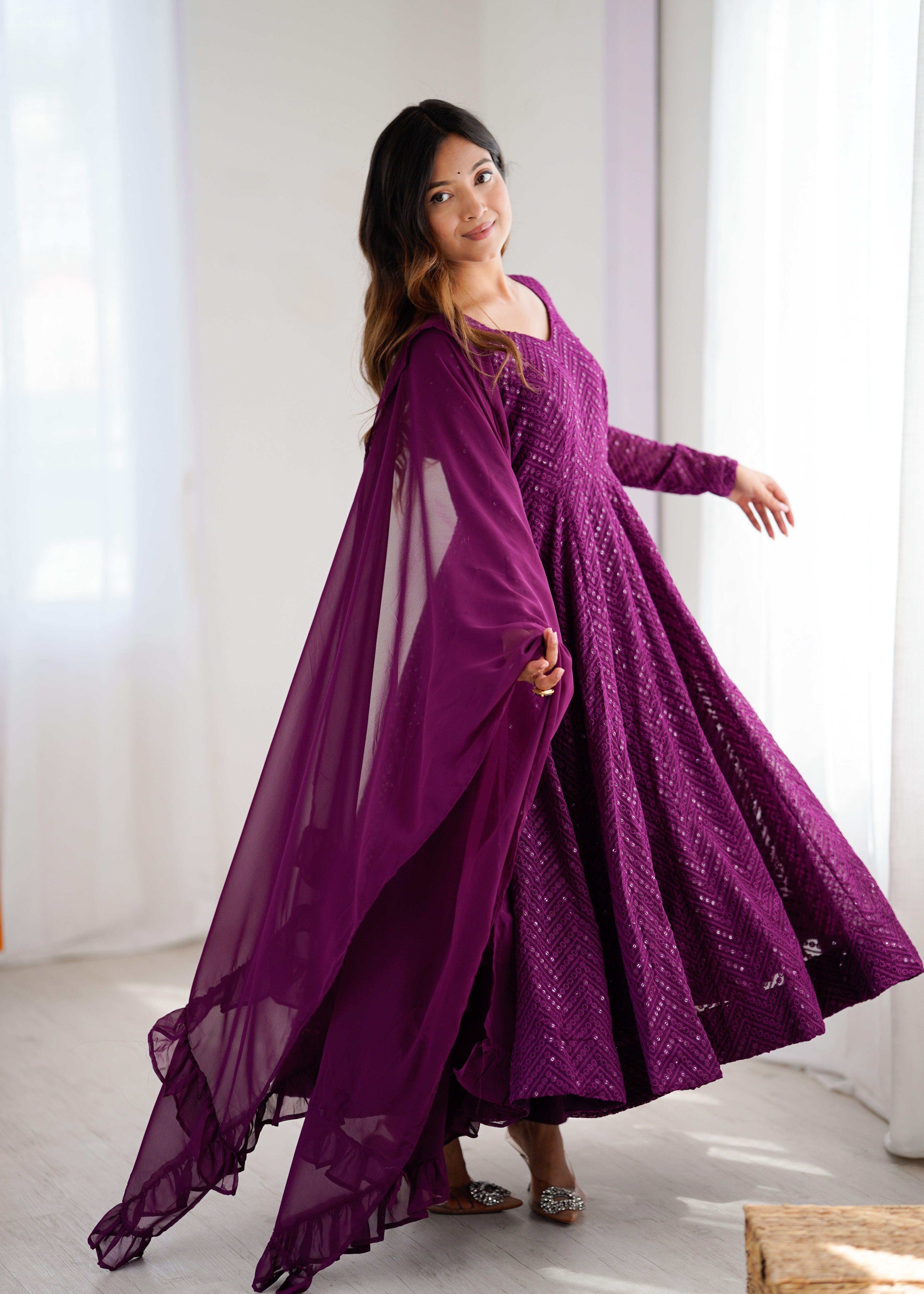 Lucknowi Elegance Wine Anarkali Suit