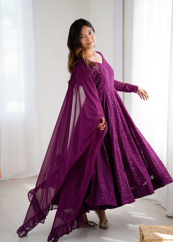 Lucknowi Elegance Wine Anarkali Suit