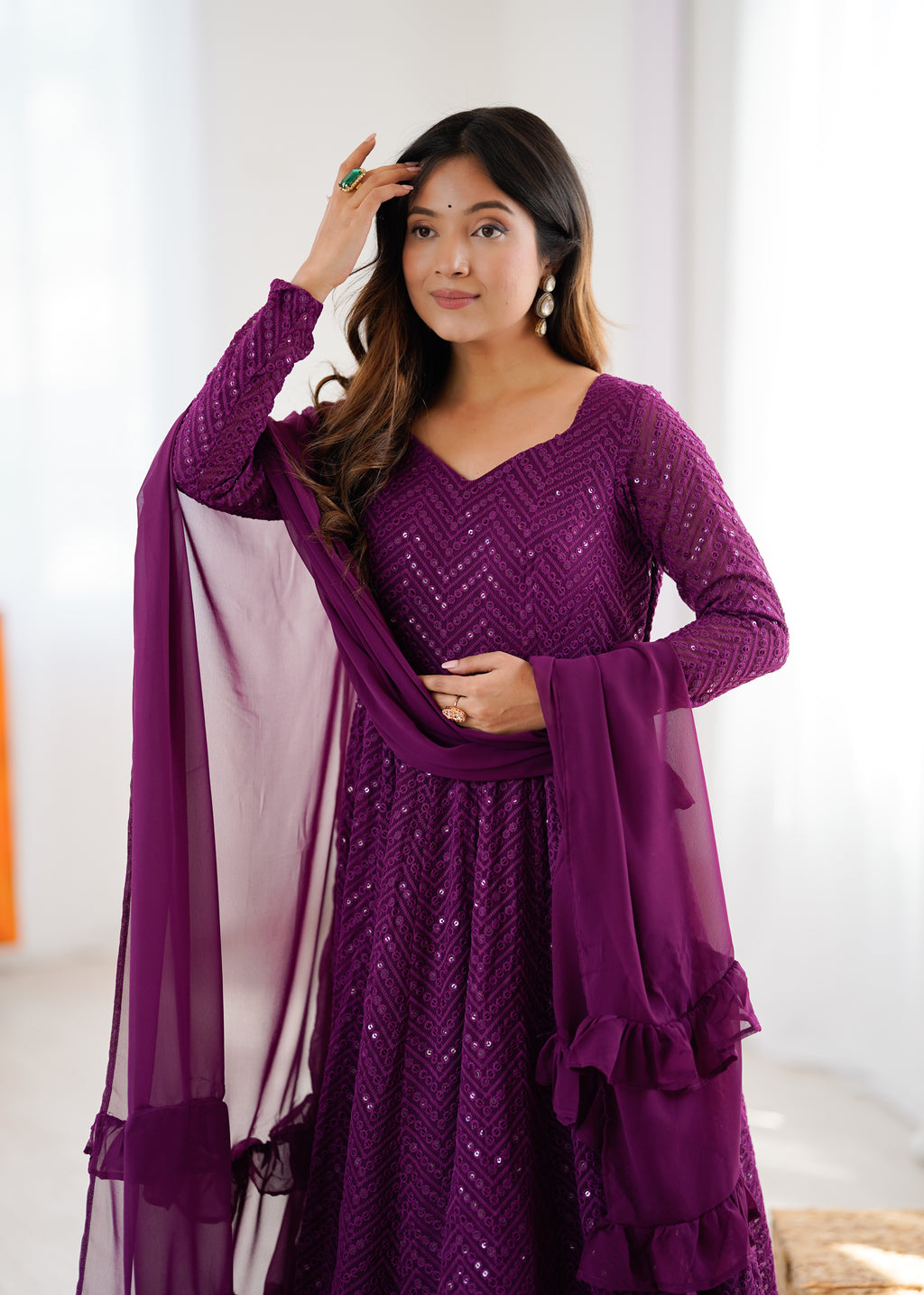 Lucknowi Elegance Wine Anarkali Suit