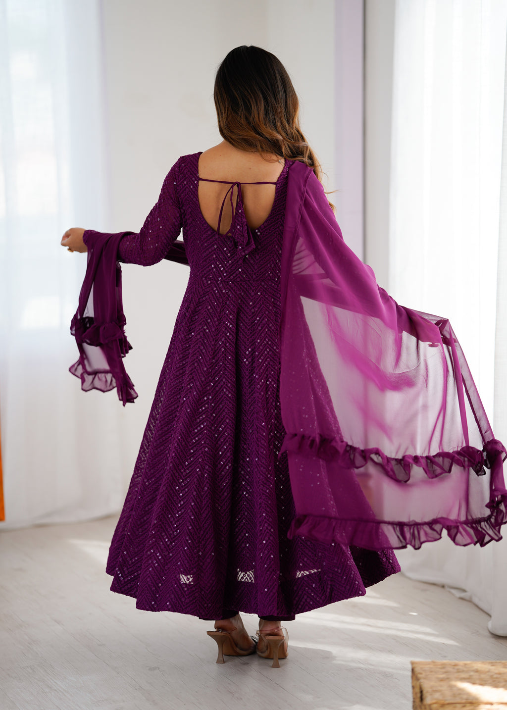 Lucknowi Elegance Wine Anarkali Suit
