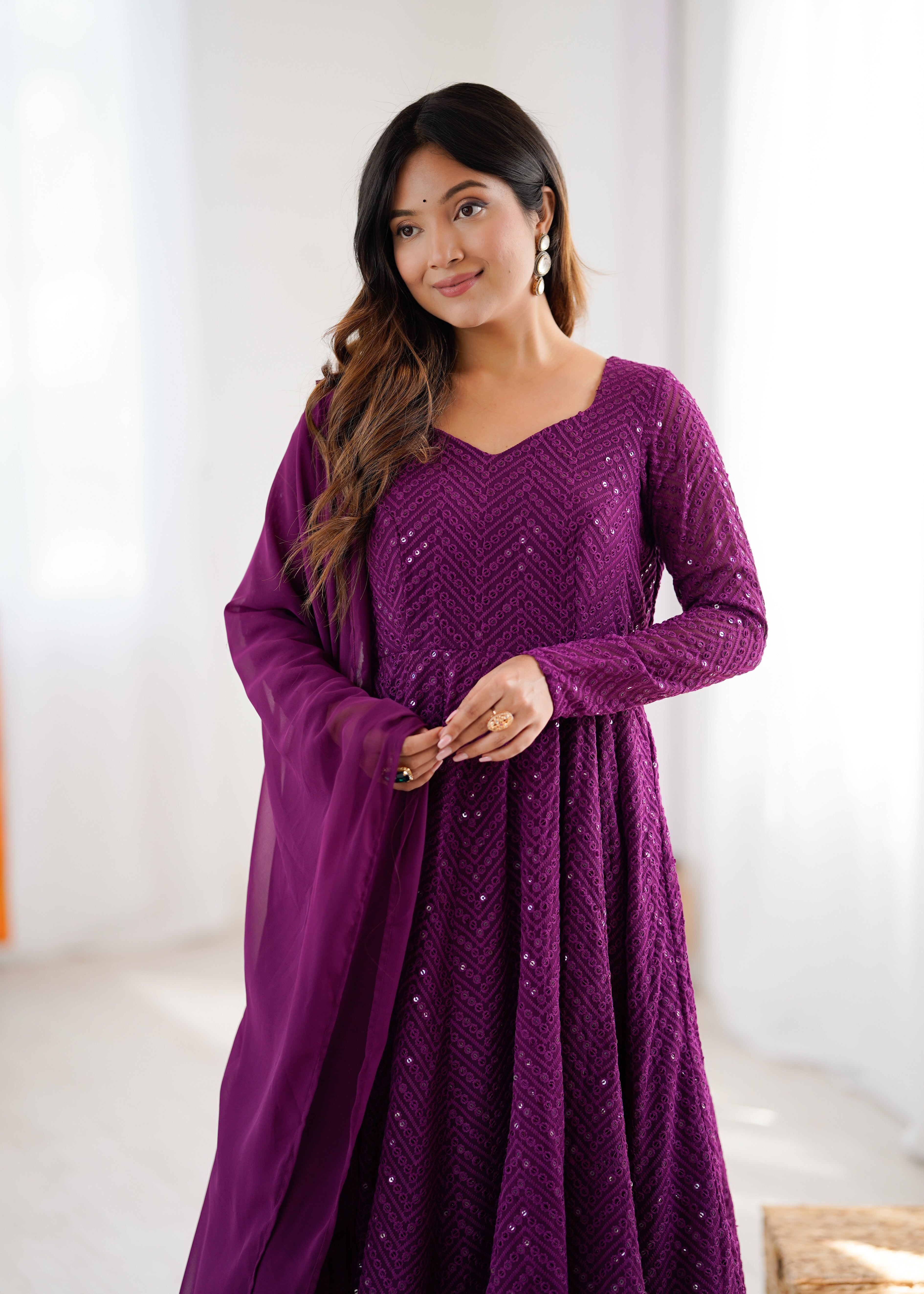 Lucknowi Elegance Wine Anarkali Suit
