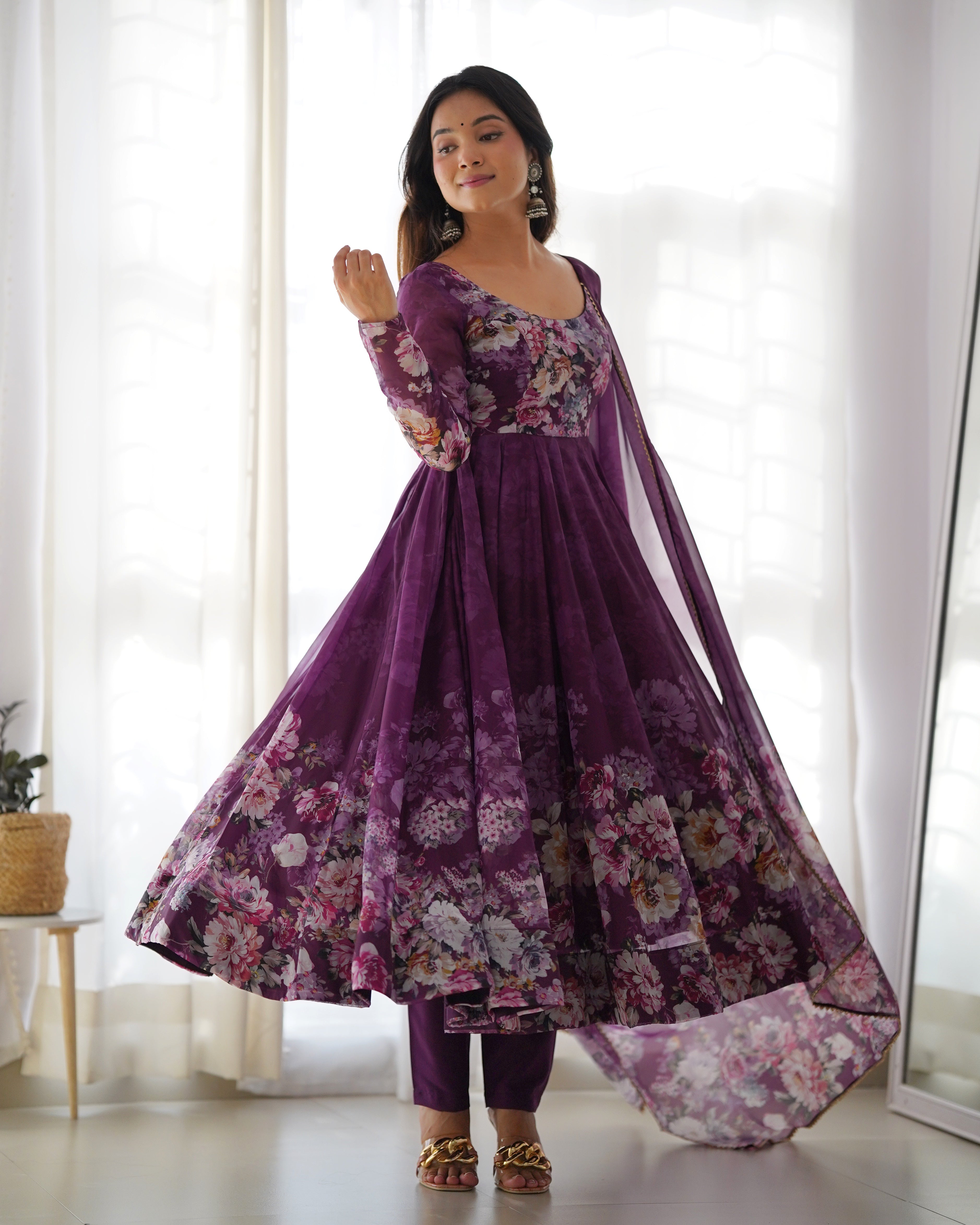 Wine Color Digitally Printed Pure Soft Organza Anarkali Suit With Huge Flair Comes With Duppatta & Pant