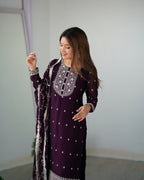 Beautiful Pure Blooming Rangoli Silk Fabric Straight Fit Kurta, Dupatta With Trouser Set - Wine