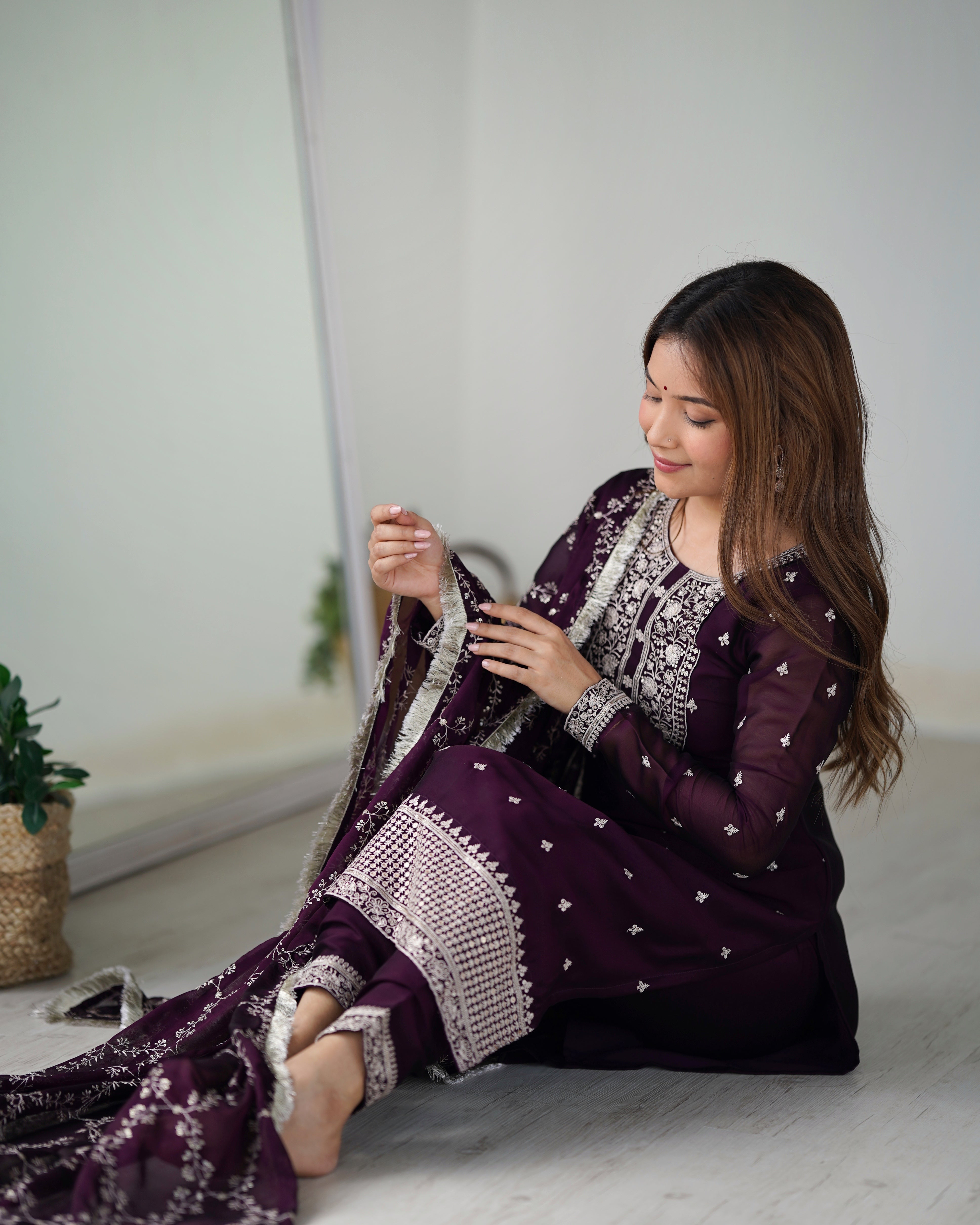 Beautiful Pure Blooming Rangoli Silk Fabric Straight Fit Kurta, Dupatta With Trouser Set - Wine