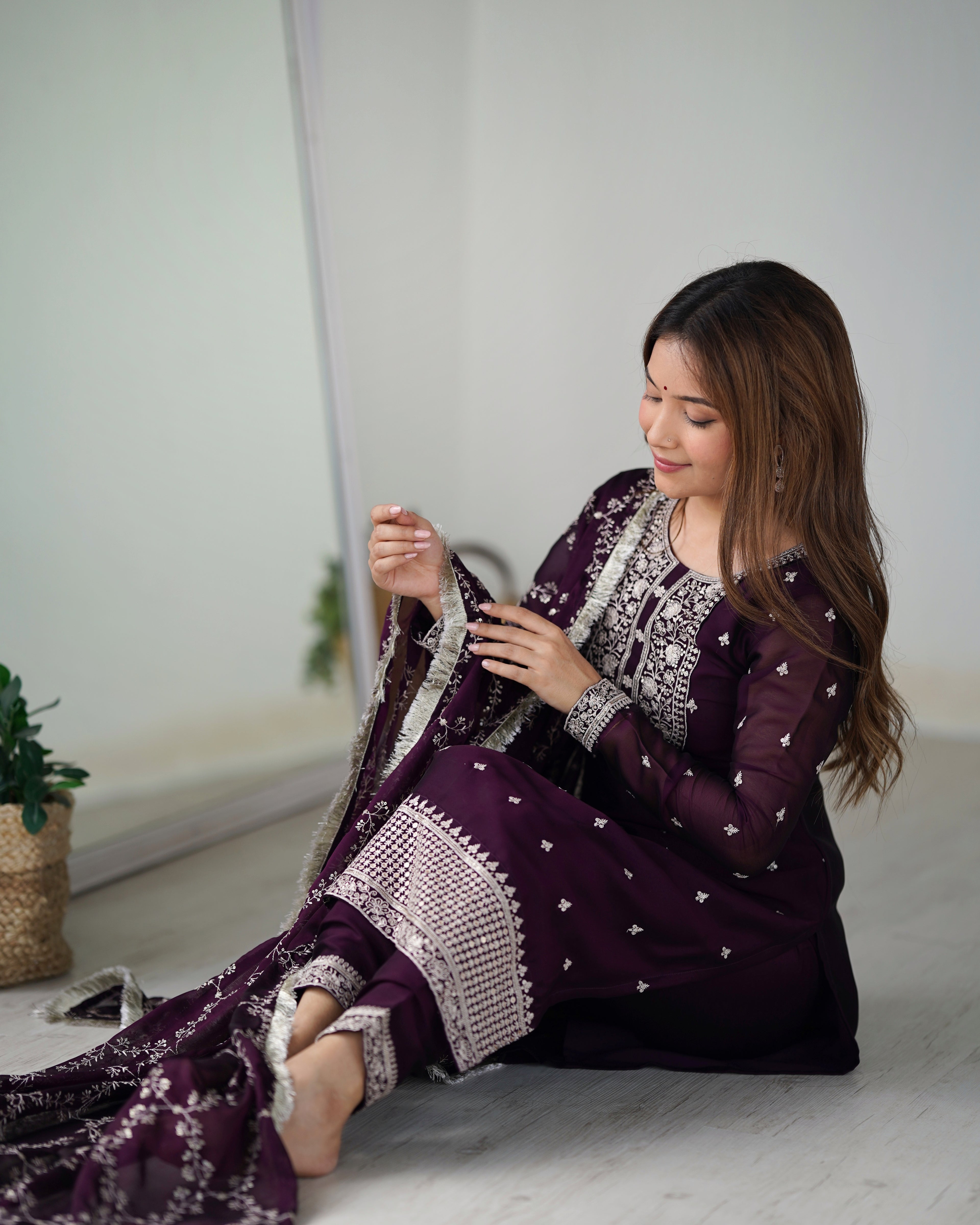 Beautiful Pure Blooming Rangoli Silk Fabric Straight Fit Kurta, Dupatta With Trouser Set - Wine