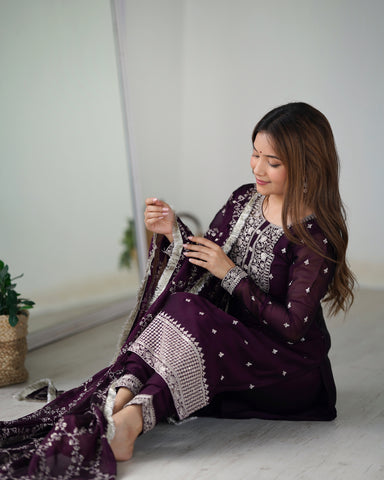 Beautiful Pure Blooming Rangoli Silk Fabric Straight Fit Kurta, Dupatta With Trouser Set - Wine