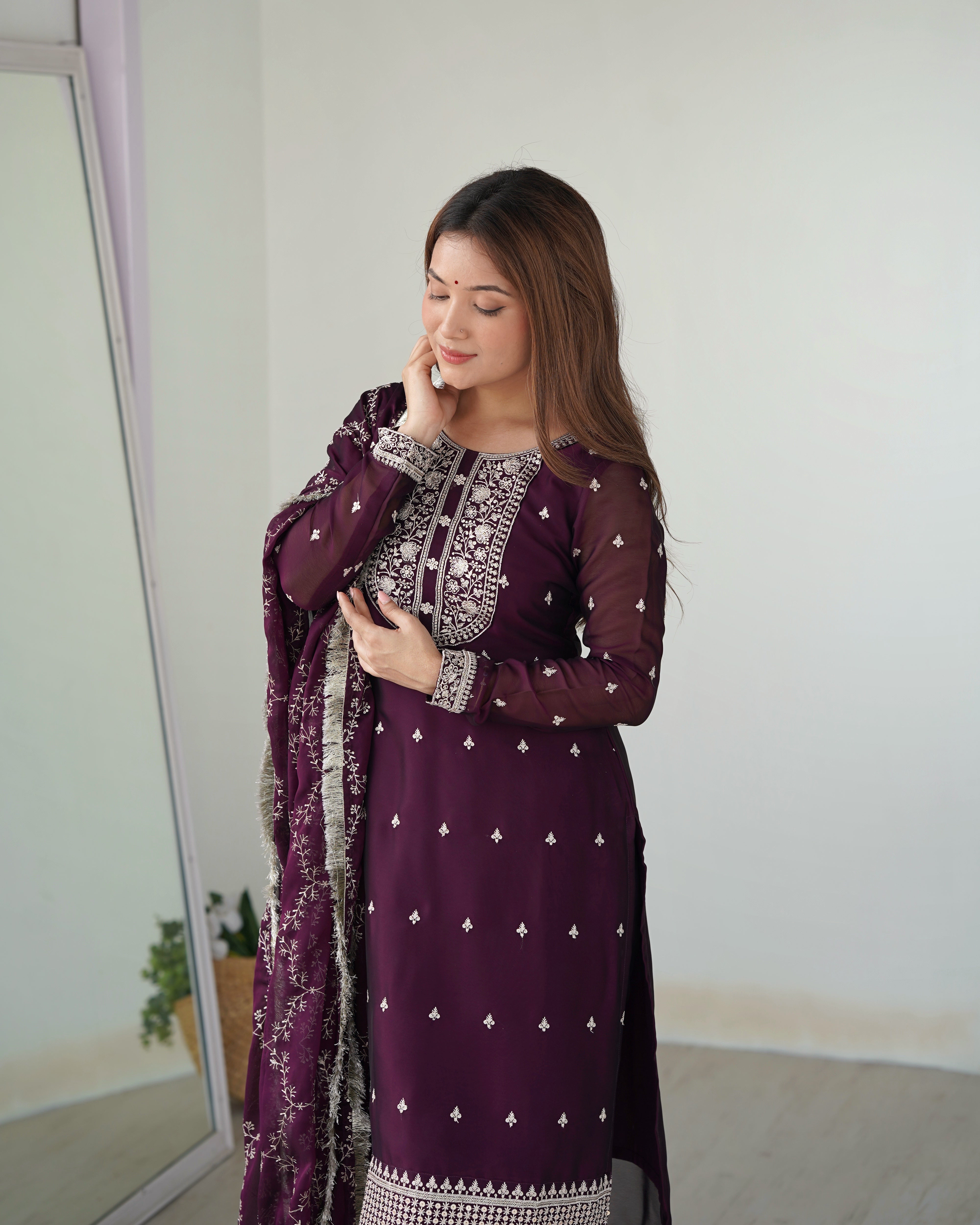 Beautiful Pure Blooming Rangoli Silk Fabric Straight Fit Kurta, Dupatta With Trouser Set - Wine