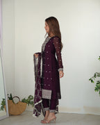Beautiful Pure Blooming Rangoli Silk Fabric Straight Fit Kurta, Dupatta With Trouser Set - Wine