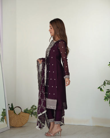 Beautiful Pure Blooming Rangoli Silk Fabric Straight Fit Kurta, Dupatta With Trouser Set - Wine
