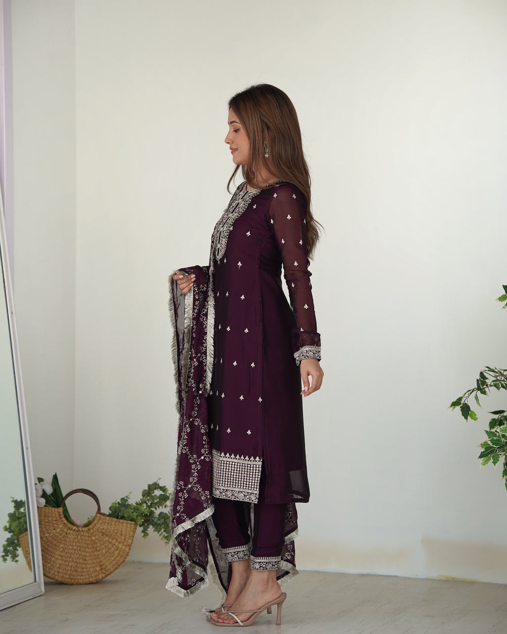 Beautiful Pure Blooming Rangoli Silk Fabric Straight Fit Kurta, Dupatta With Trouser Set - Wine