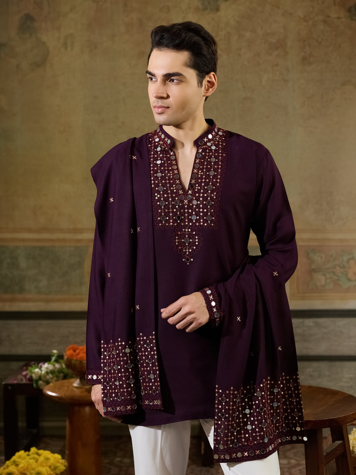 Wine Rayon Mirror Work Kurta Dupatta Set | Tulip Designer
