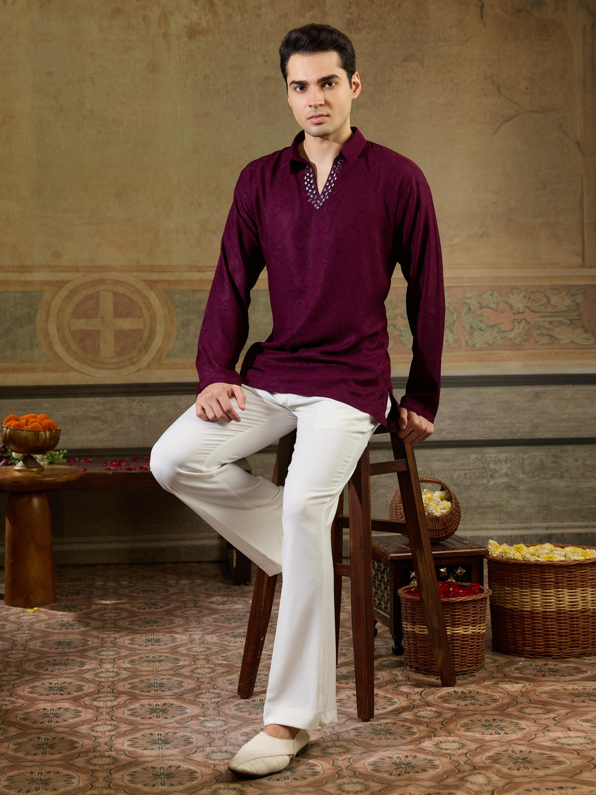 Wine Jacquard Rayon Mirror Kurta Set | Tulip Designer
