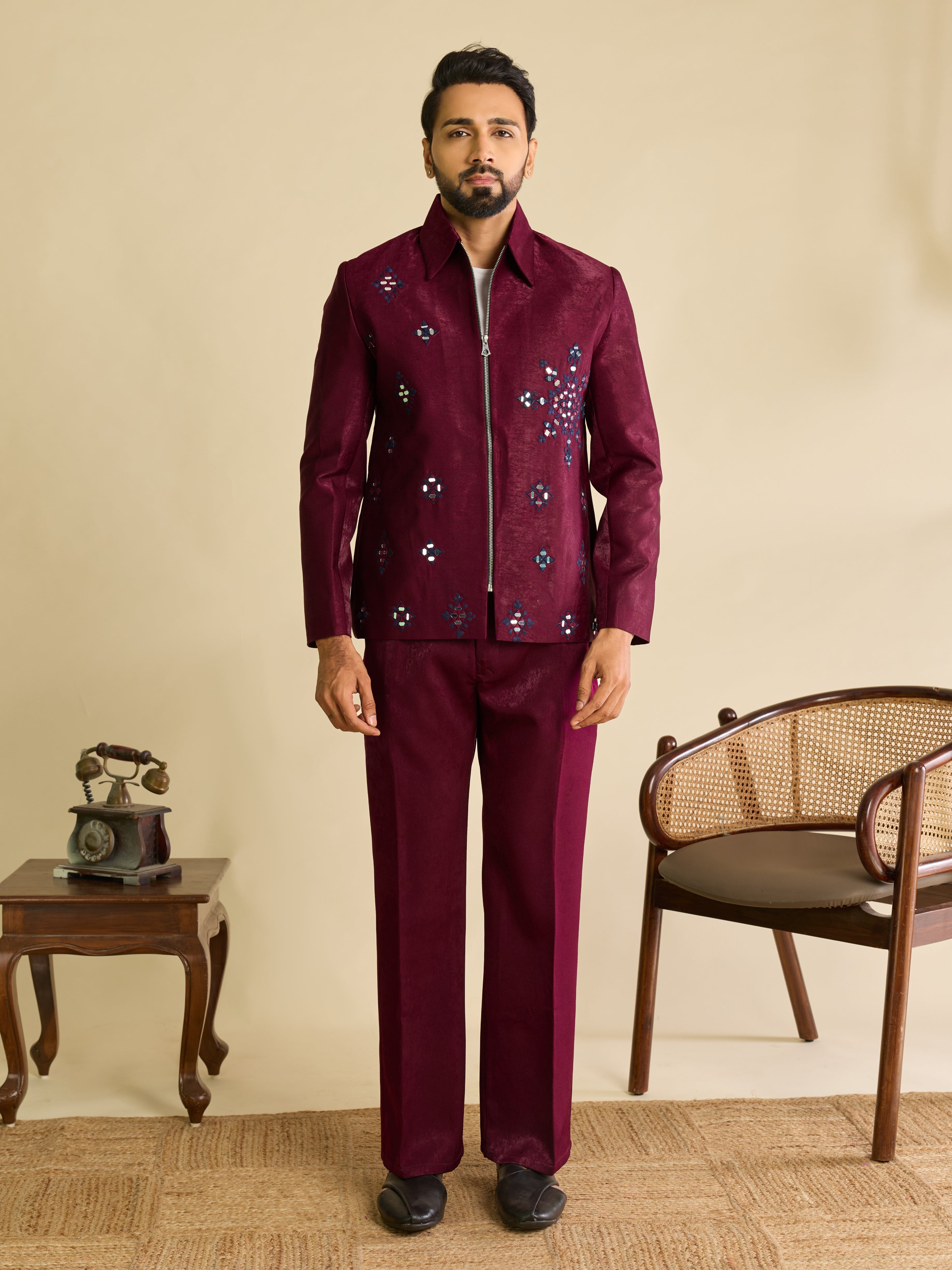 Sophisticated Wine Velvet Embroidered Bomber Jacket Pant
