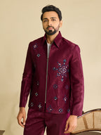 Sophisticated Wine Velvet Embroidered Bomber Jacket Pant
