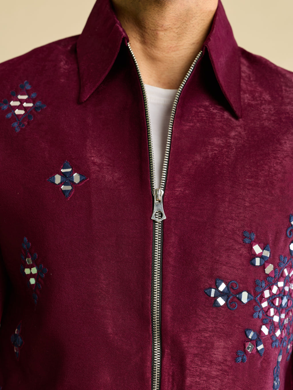 Sophisticated Wine Velvet Embroidered Bomber Jacket Pant
