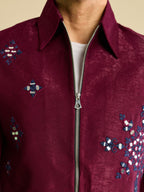 Sophisticated Wine Velvet Embroidered Bomber Jacket Pant
