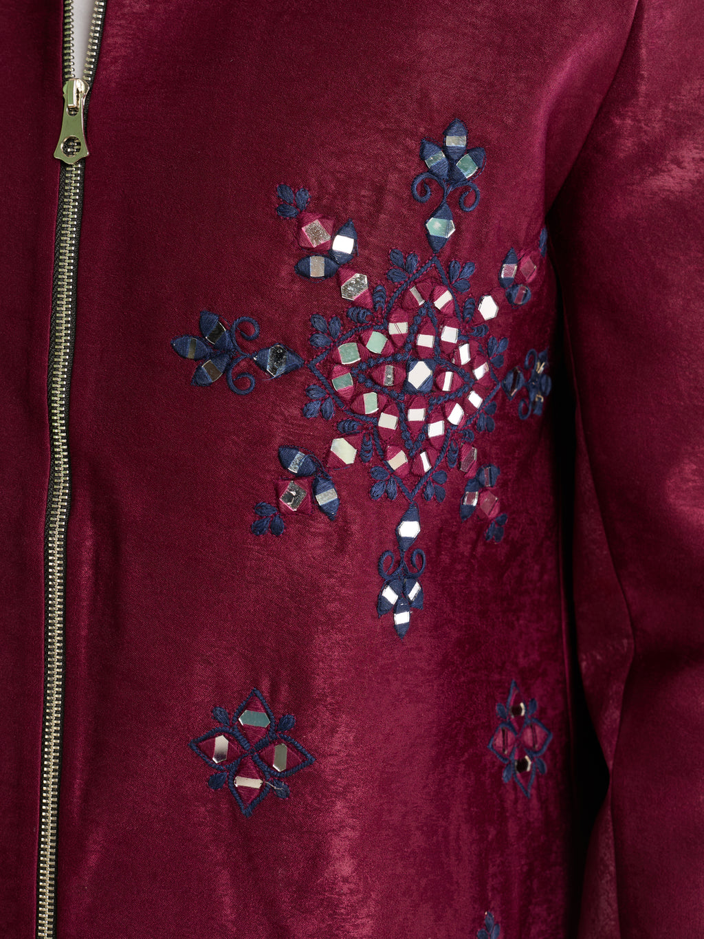 Sophisticated Wine Velvet Embroidered Bomber Jacket Pant
