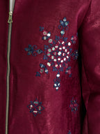 Sophisticated Wine Velvet Embroidered Bomber Jacket Pant
