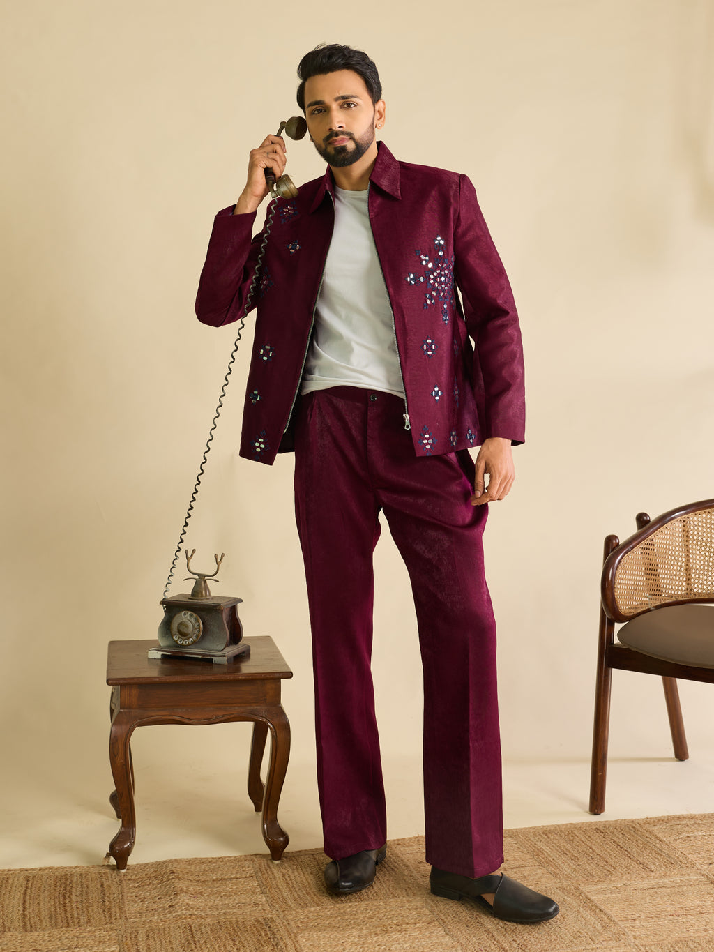 Sophisticated Wine Velvet Embroidered Bomber Jacket Pant

