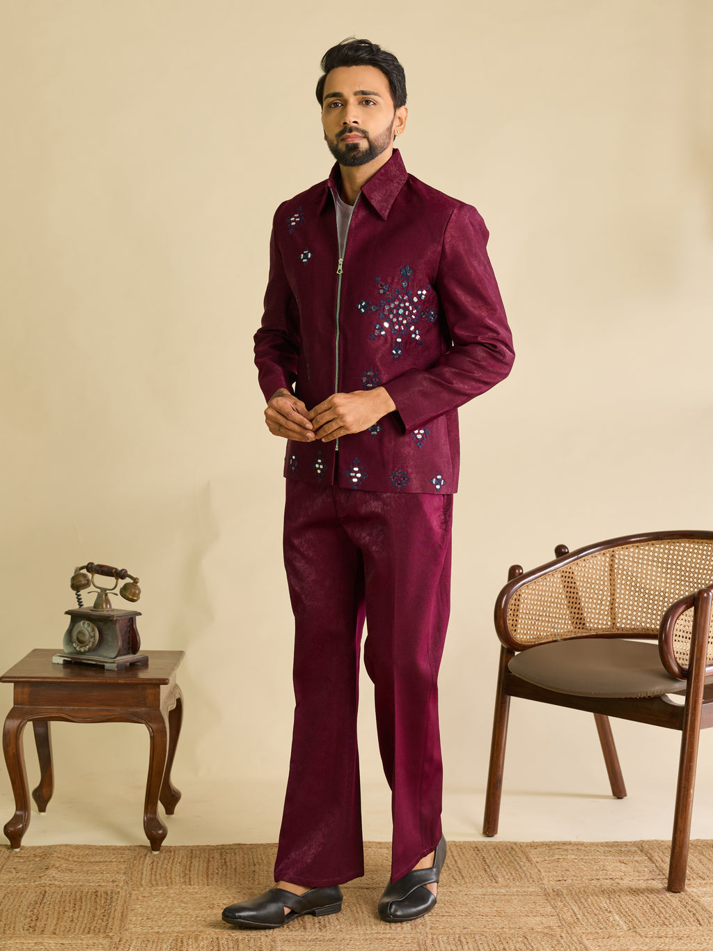 Sophisticated Wine Velvet Embroidered Bomber Jacket Pant
