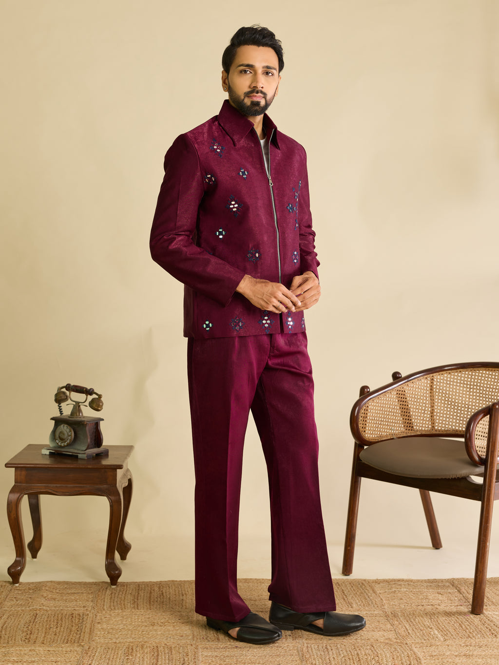 Sophisticated Wine Velvet Embroidered Bomber Jacket Pant
