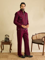 Sophisticated Wine Velvet Embroidered Bomber Jacket Pant
