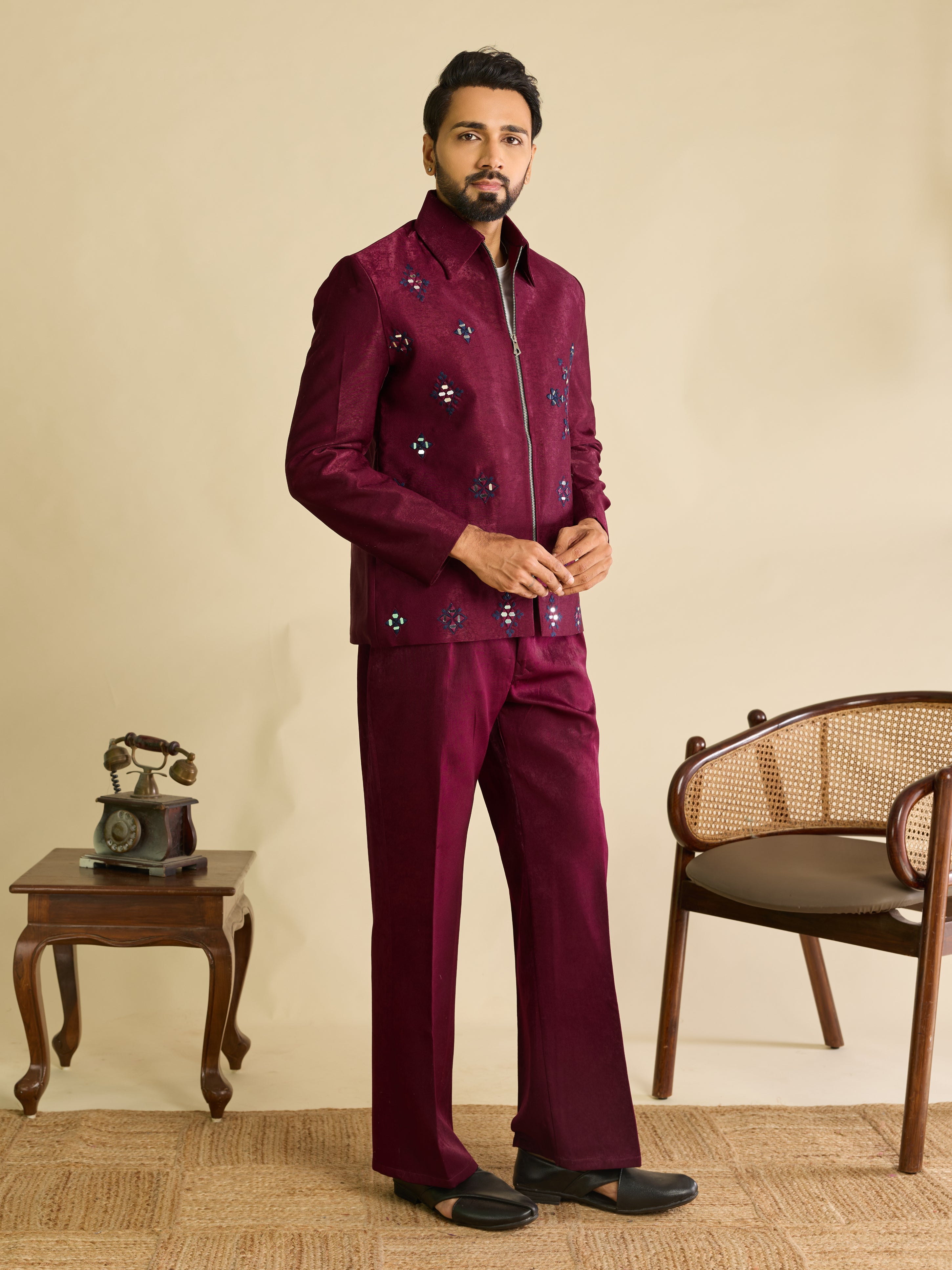 Sophisticated Wine Velvet Embroidered Bomber Jacket Pant
