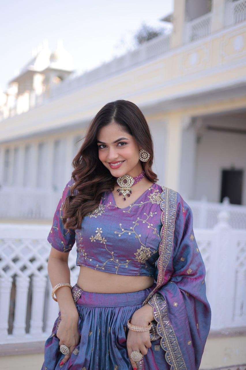 Designer YSL Silk With Sequins Zari Work Lehenga Choli Set With Dupatta