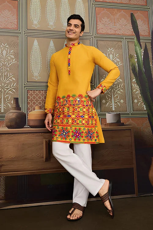 Classic Yellow Cotton Mens Ready to Wear Kurta for Navratri