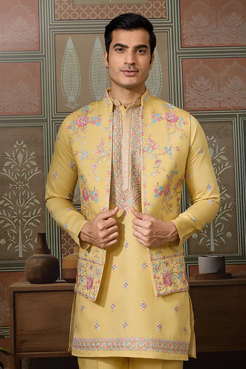Trending Yellow Haldi Ceremony Koti Kurta for Men