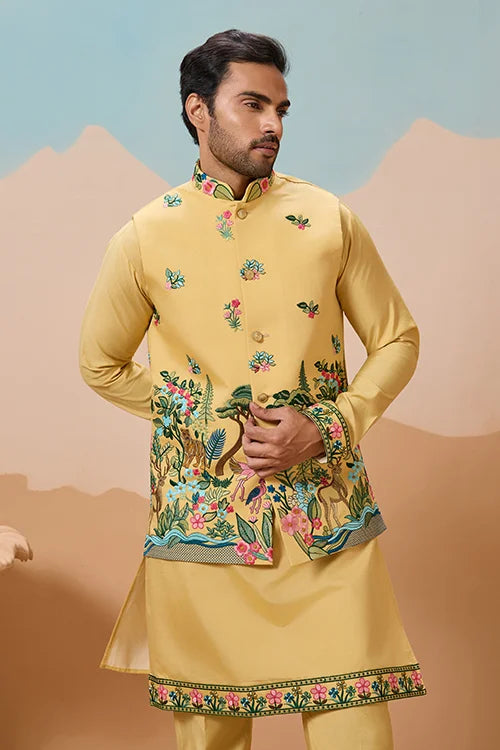 Haldi Special Yellow Classic Koti Kurta Set for Mens Wear