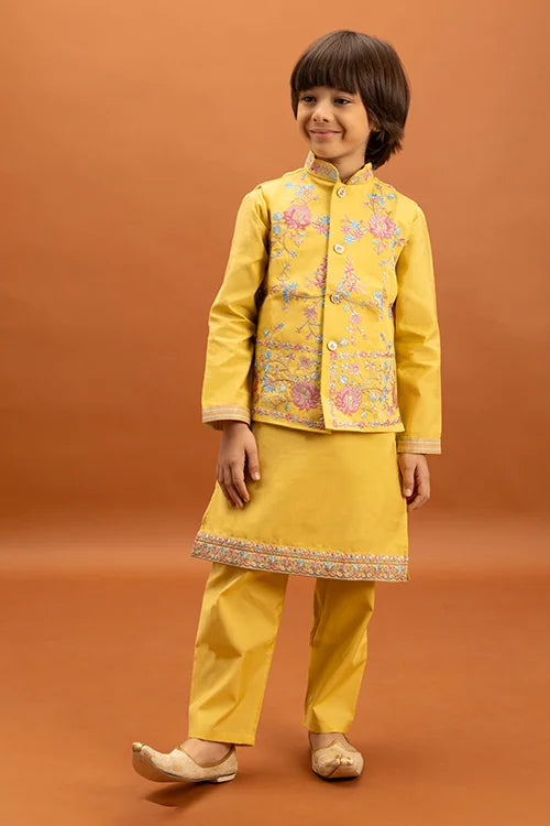 Haldi Celebration Kids Wear Yellow Kurta Pajama with Koti