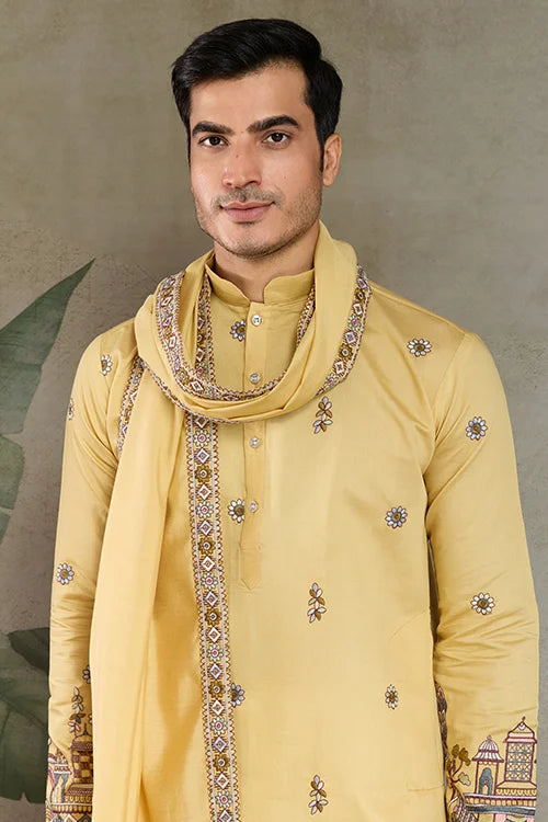 Haldi Special Yellow Embroidered Kurta Pajama Set for Men
