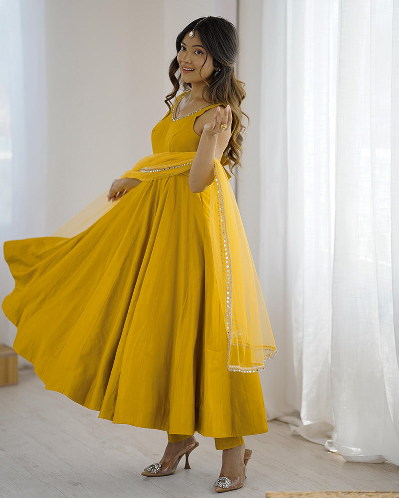Yellow Color Chanderi Pure Roman Silk Anarkali Suit