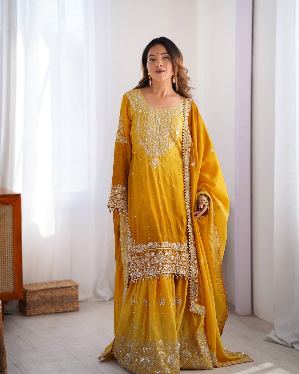 Premium Chinnon Silk with Coding Dori with Sequence with Rivet Moti Work Fancy Suit Set