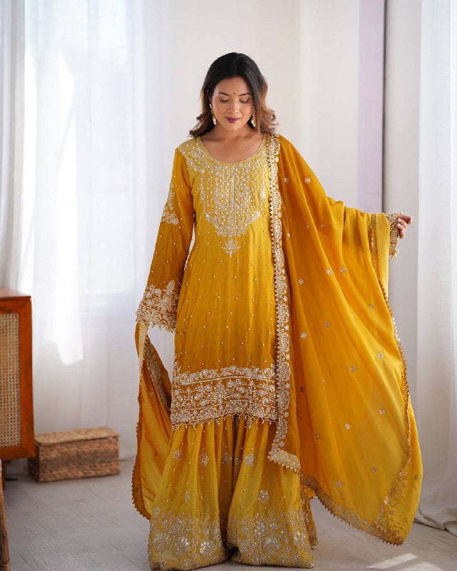 Premium Chinnon Silk with Coding Dori with Sequence with Rivet Moti Work Fancy Suit Set