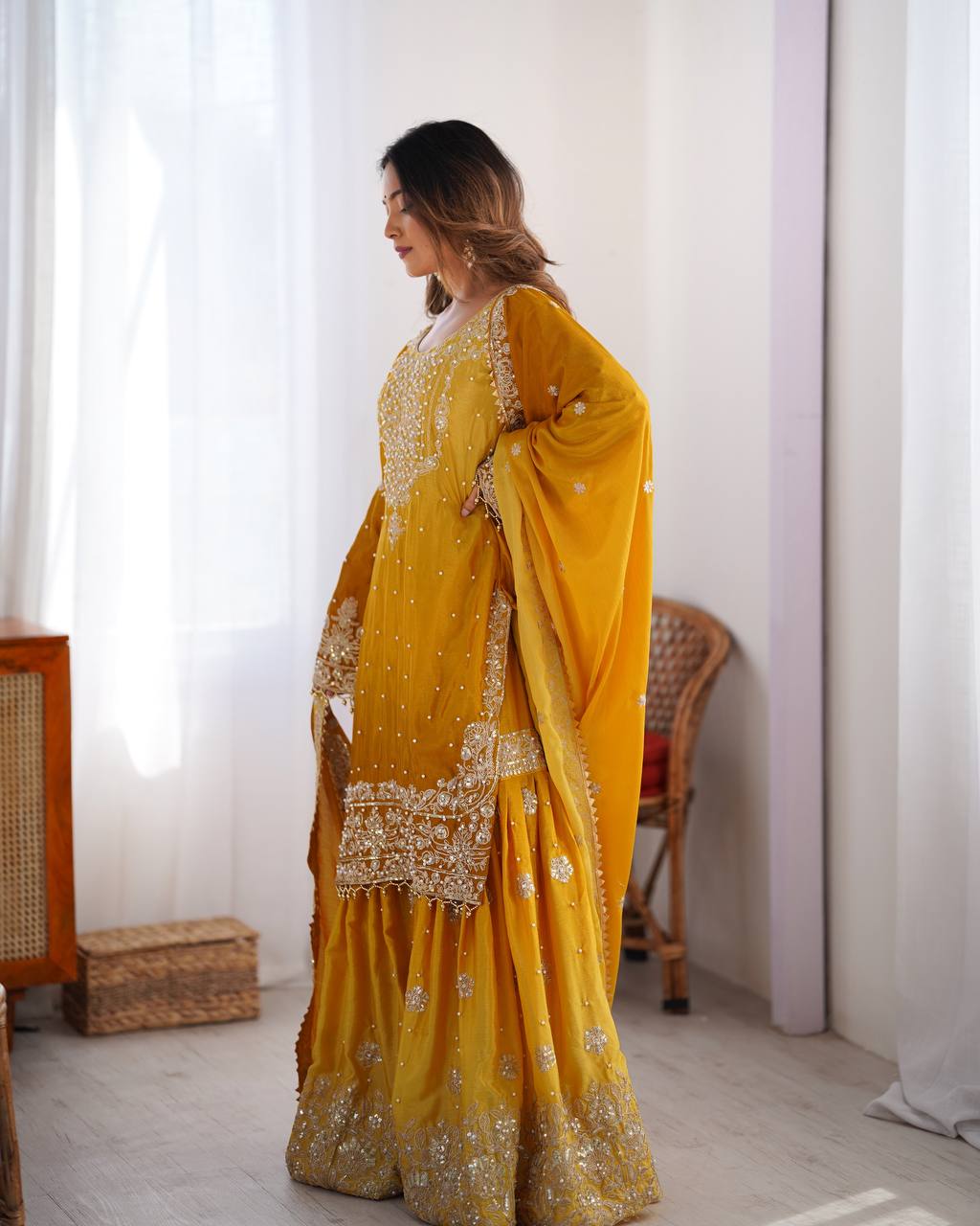 Premium Chinnon Silk with Coding Dori with Sequence with Rivet Moti Work Fancy Suit Set
