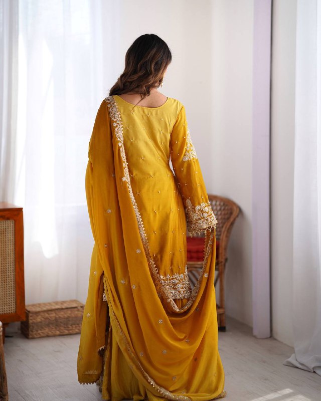 Premium Chinnon Silk with Coding Dori with Sequence with Rivet Moti Work Fancy Suit Set