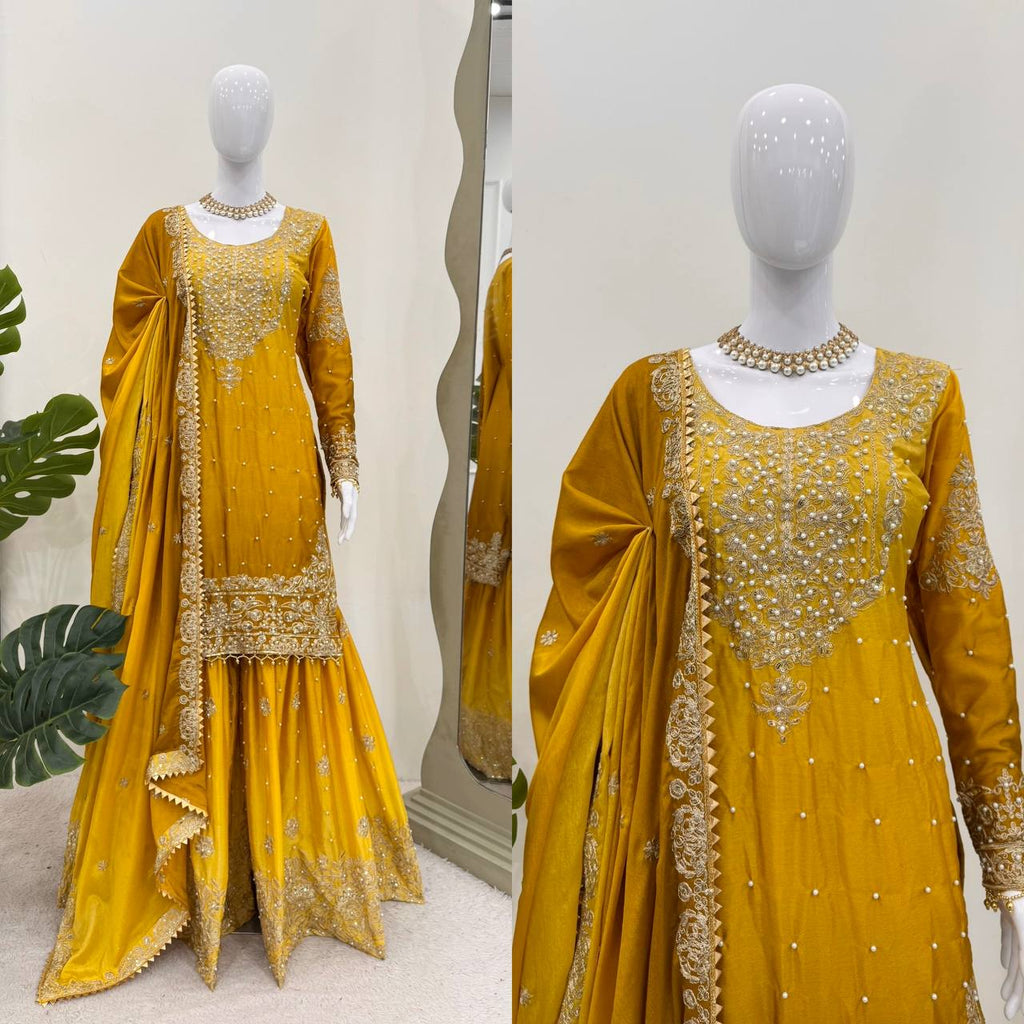 Premium Chinnon Silk with Coding Dori with Sequence with Rivet Moti Work Fancy Suit Set
