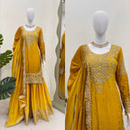 Premium Chinnon Silk with Coding Dori with Sequence with Rivet Moti Work Fancy Suit Set