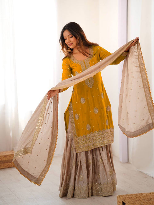 Bright Yellow Chinon Silk Pearl Work Sharara Set with Designer Dupatta
