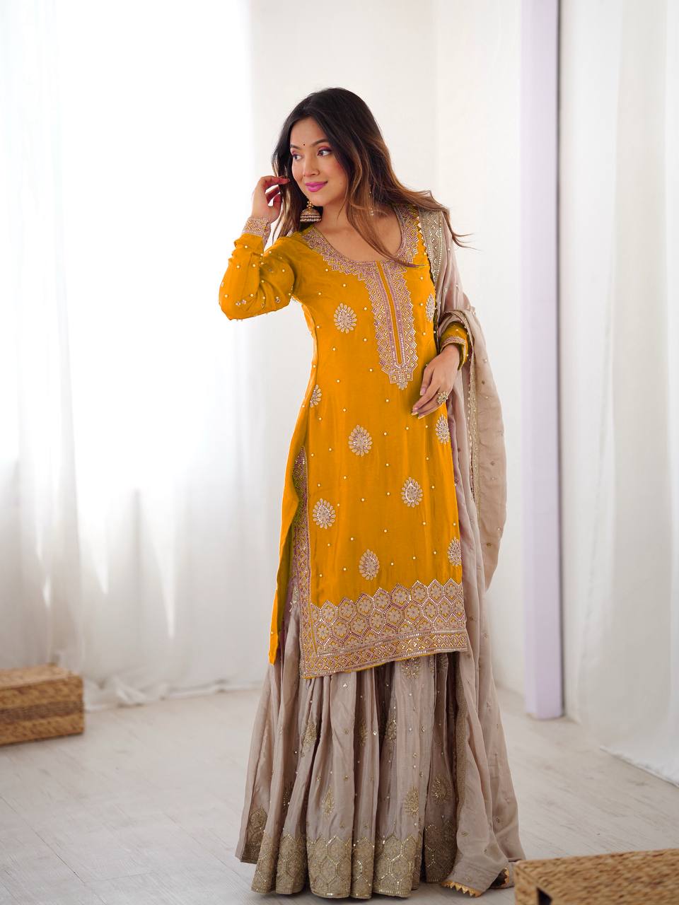 Bright Yellow Chinon Silk Pearl Work Sharara Set with Designer Dupatta
