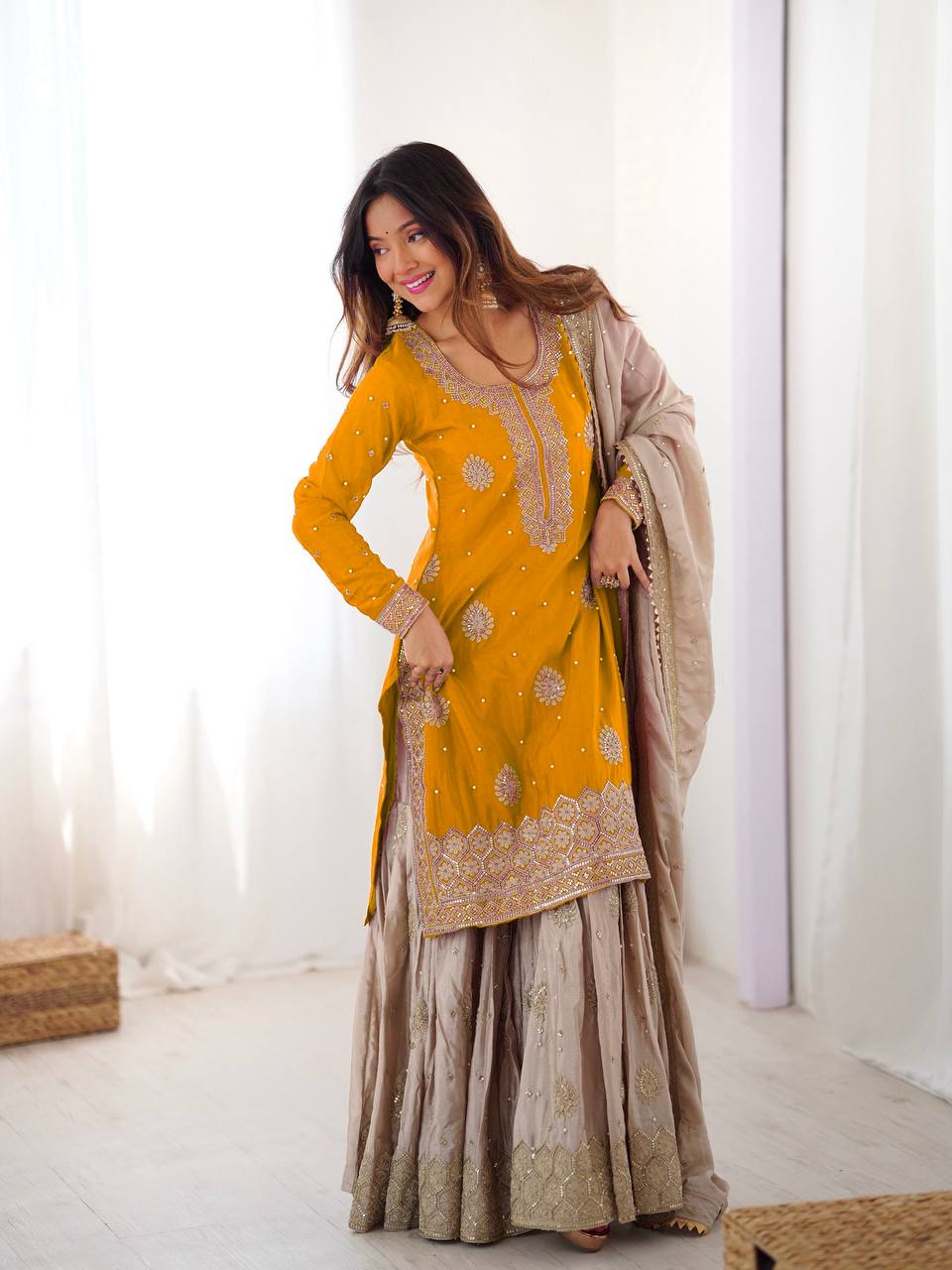 Bright Yellow Chinon Silk Pearl Work Sharara Set with Designer Dupatta
