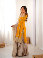 Bright Yellow Chinon Silk Pearl Work Sharara Set with Designer Dupatta
