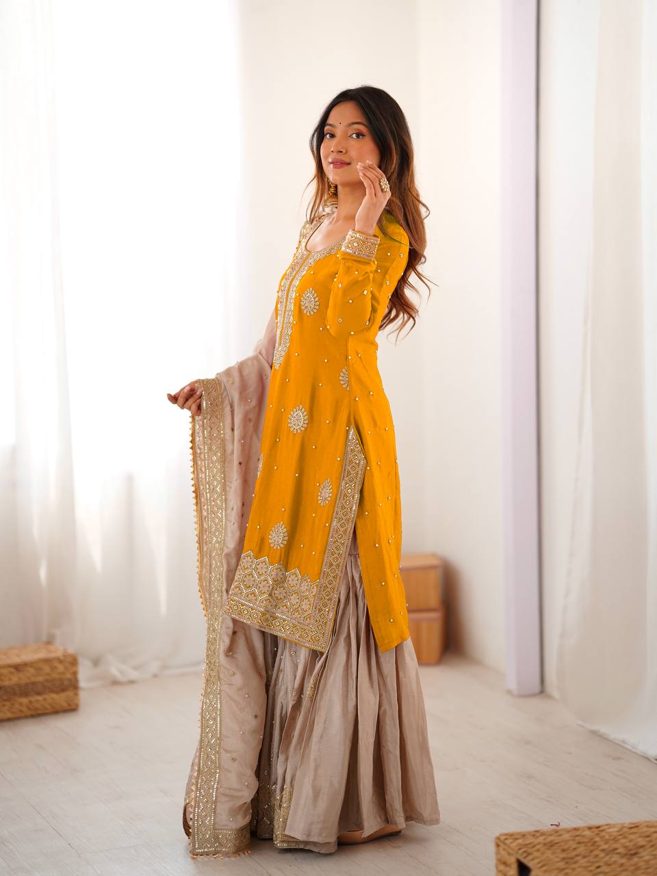 Bright Yellow Chinon Silk Pearl Work Sharara Set with Designer Dupatta
