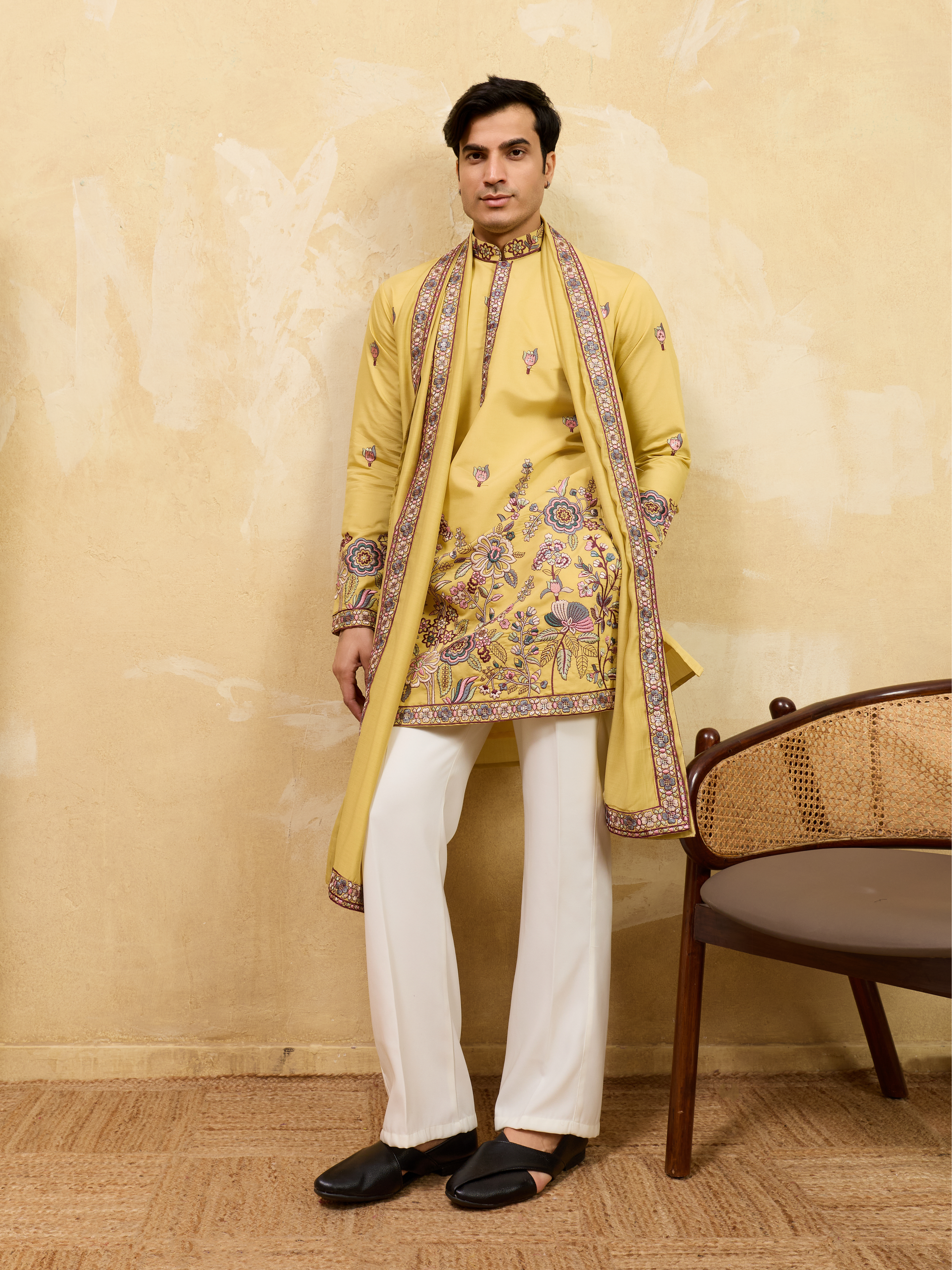 Radiant Yellow Viscose Silk Embroidered Kurta with Dupatta