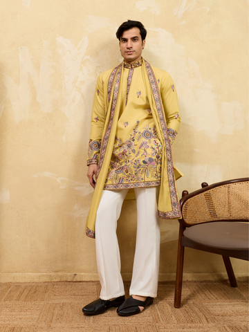 Radiant Yellow Viscose Silk Embroidered Kurta with Dupatta