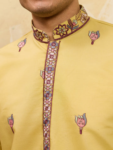 Radiant Yellow Viscose Silk Embroidered Kurta with Dupatta
