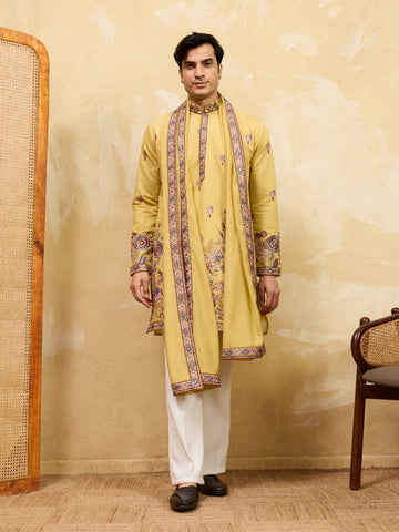 Radiant Yellow Viscose Silk Embroidered Kurta with Dupatta
